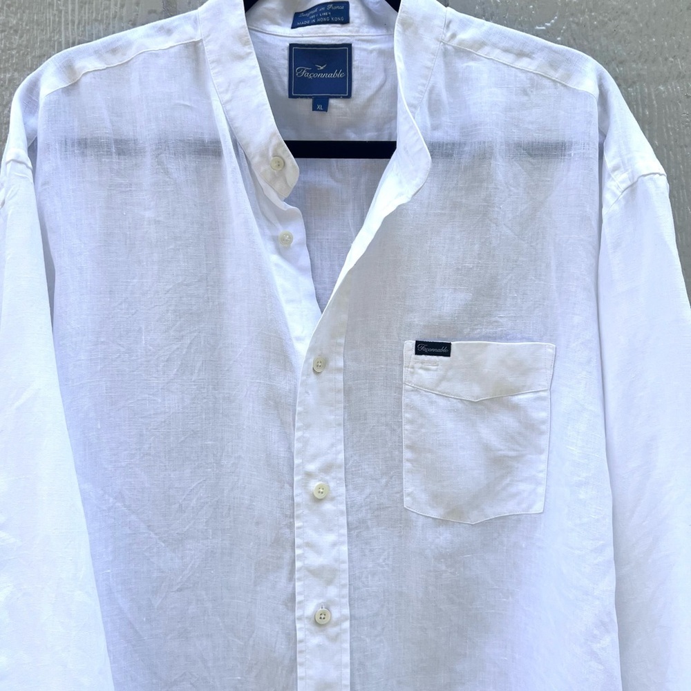 Faconnable band collar White linen Casual Shirt XL - Picture 3 of 8